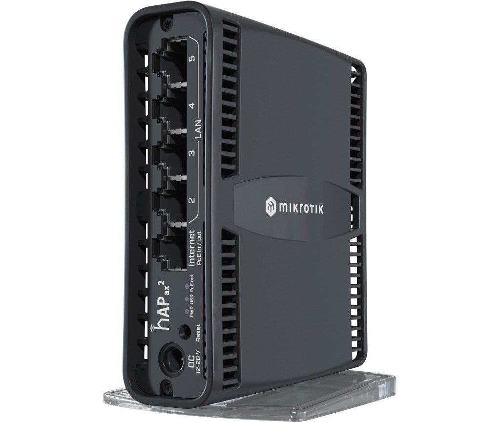 MikroTik hAP ax2, an example RouterOS device; compatibility depends on configuration